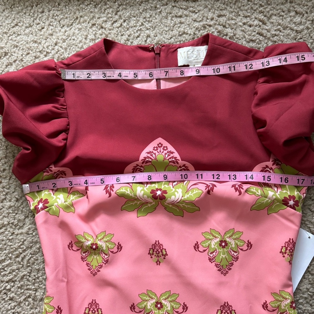 Mestiza New York Perla Flamingo Flourish Midi Dress Sz 8 Crew Neck Puff Sleeve - Picture 11 of 15